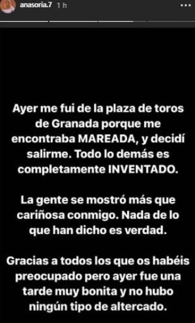 Ana Soria publicó en su Instagram las razones por las que se marchó de la plaza de toros de Granada.