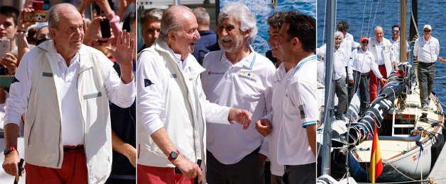 UN REY EN LAS REGATAS. Alegre, emocionado y locuaz, don Juan Carlos fue el protagonista de la apertura del Trofeo Viajes Interrías, que se celebró en Sanxenxo la semana pasada. Izqda., saludando al numeroso público y, en el medio, charlando con otros regatistas. Dcha., posando con la tripulación de su velero, el "Bribón", aunque finalmente siguió la regata sobre una lancha. 