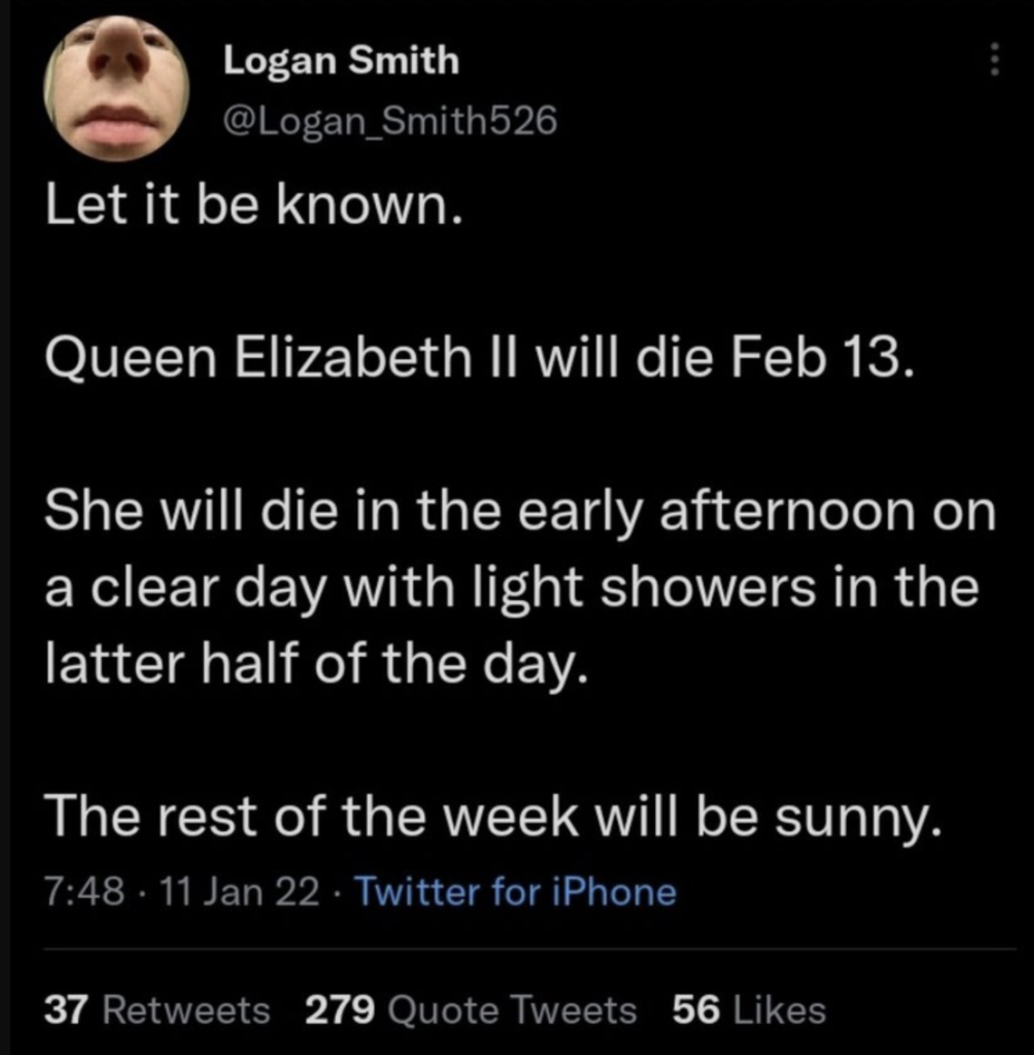 Logan Smith ya puso fecha de muerte a Isabel II.