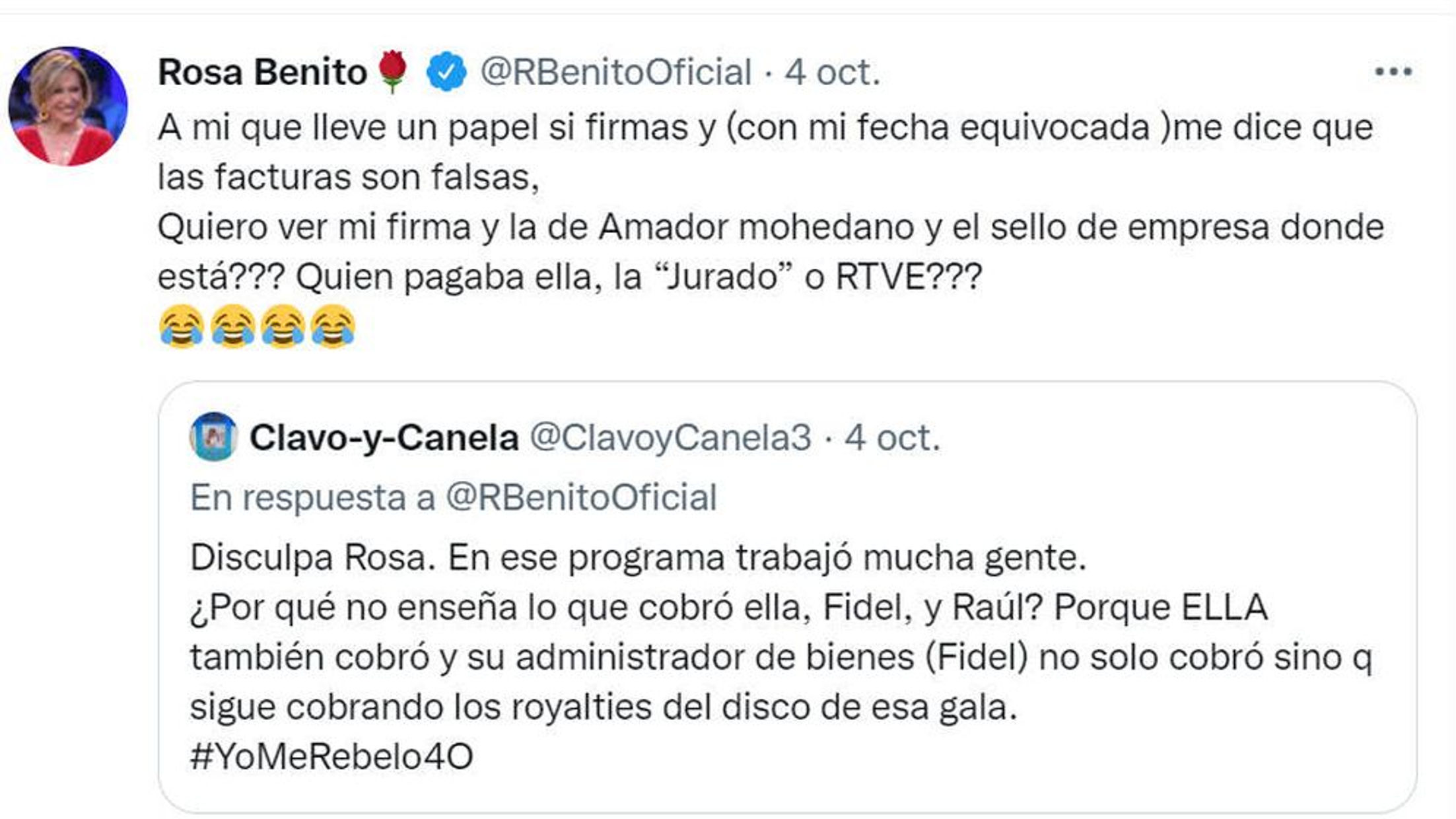 Uno de los tuits de Rosa Benito, que borró después de que Rocío Carrasco anunciase que iba a denunciarla.
