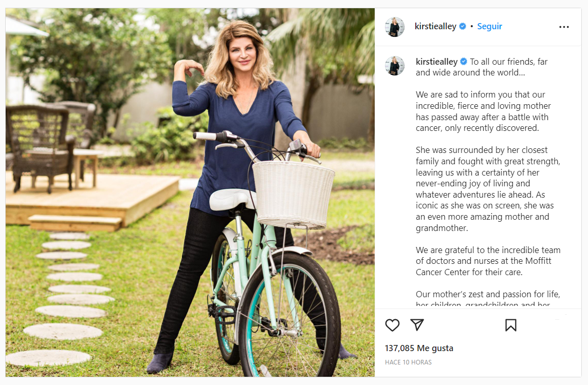 La carta de amor de los hijos de Kirstie Alley a su madre, en Instagram.