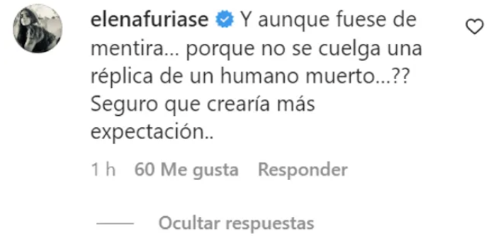 Captura del comentario de Elena Furiase contra el vestido con cabeza de animal que han llevado famosas como Kylie Jenner