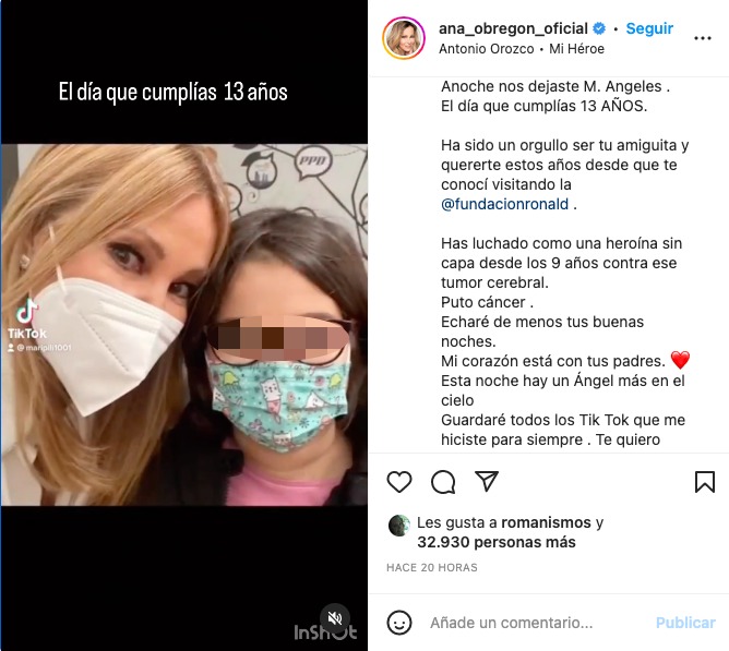 Ana Obregón escribe un mensaje dedicado a Mari Ángeles, la niña de 13 años fallecida de cáncer