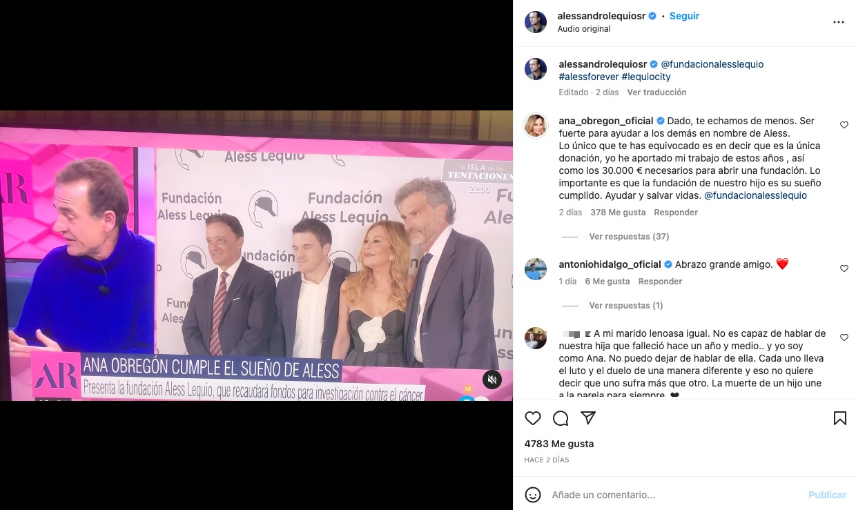 Captura de una publicación de Instagram de Alessandro Lequio comentada por Ana Obregón