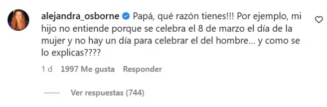 Captura del comentario de Alejandra Osborne defendiendo a su padre.
