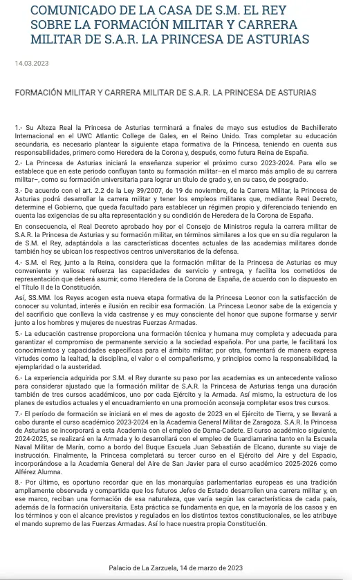 Comunidado de Casa Real hablando de la retribución de Leonor para sus estudios militares.