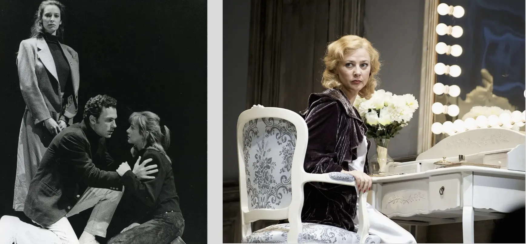GRAN DAMA DE LA ESCENA. Con una gran carrera en los escenarios, Amparo ha trabajado en muchas obras. A la izquierda, con José Coronado en "La pasión de amar" y, abajo, en "Ser o no ser".