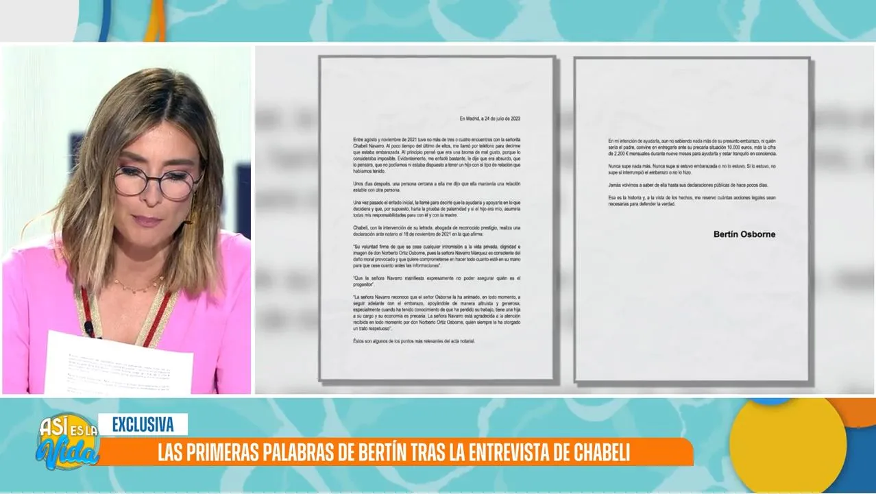 Sandra Barneda lee en 'Así es la vida' el comunicado de Bertín Osborne.