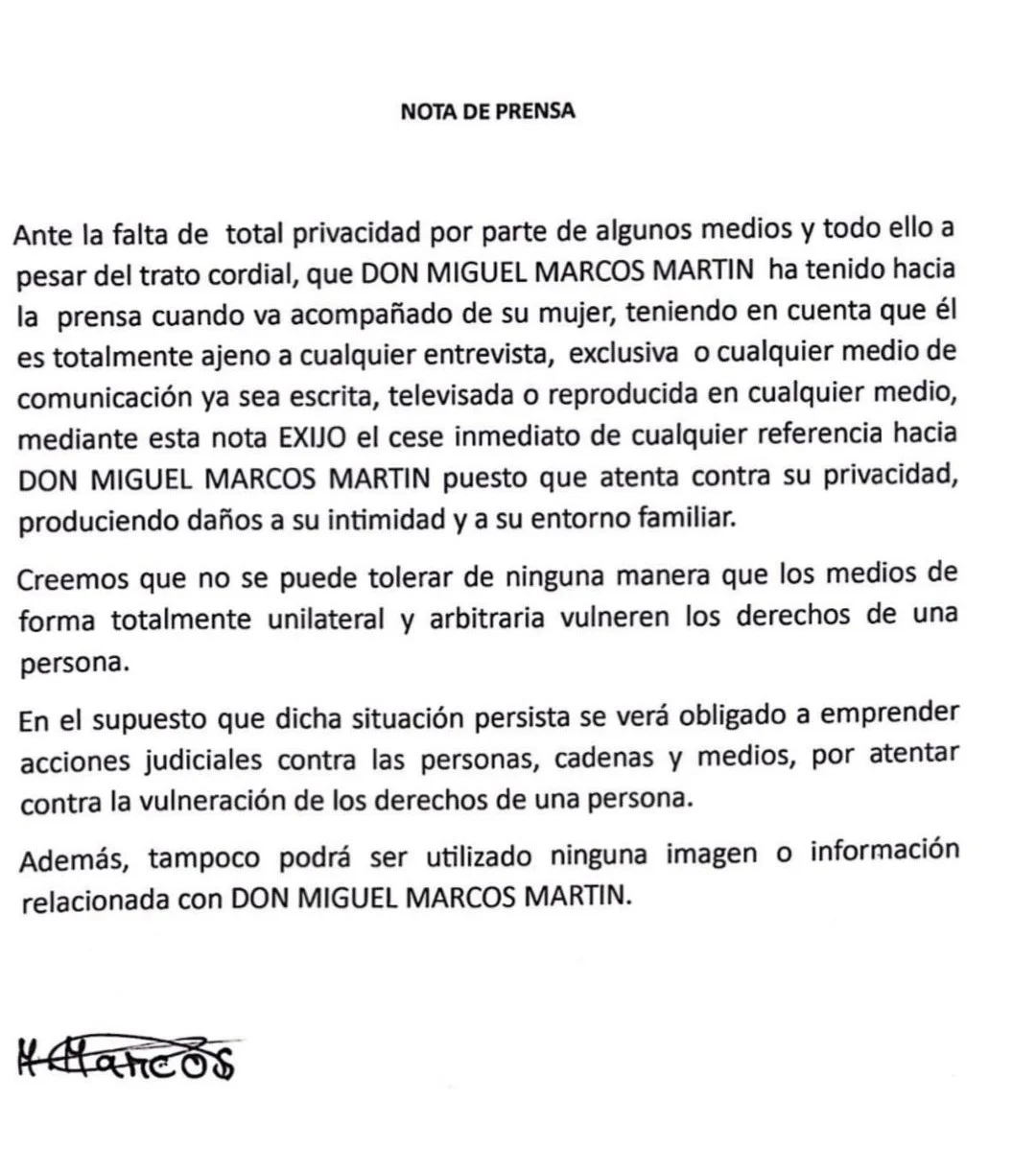 El comunicado de Miguel Marcos.