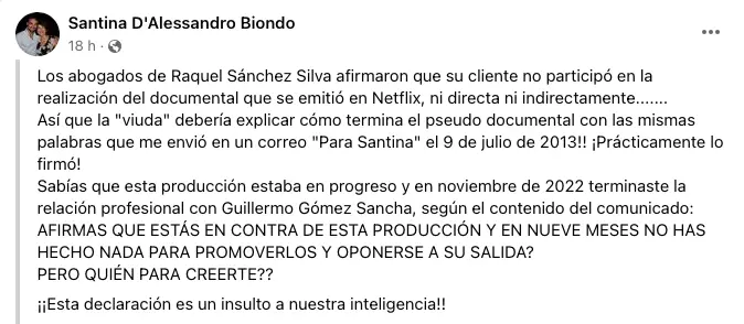 Captura de comentario de Santina Biondo (facebook) del 31 de agosto