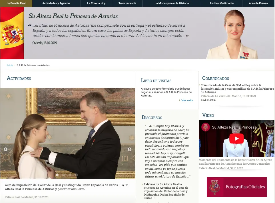 Captura del apartado de la princesa Leonor en la web de Casa Real