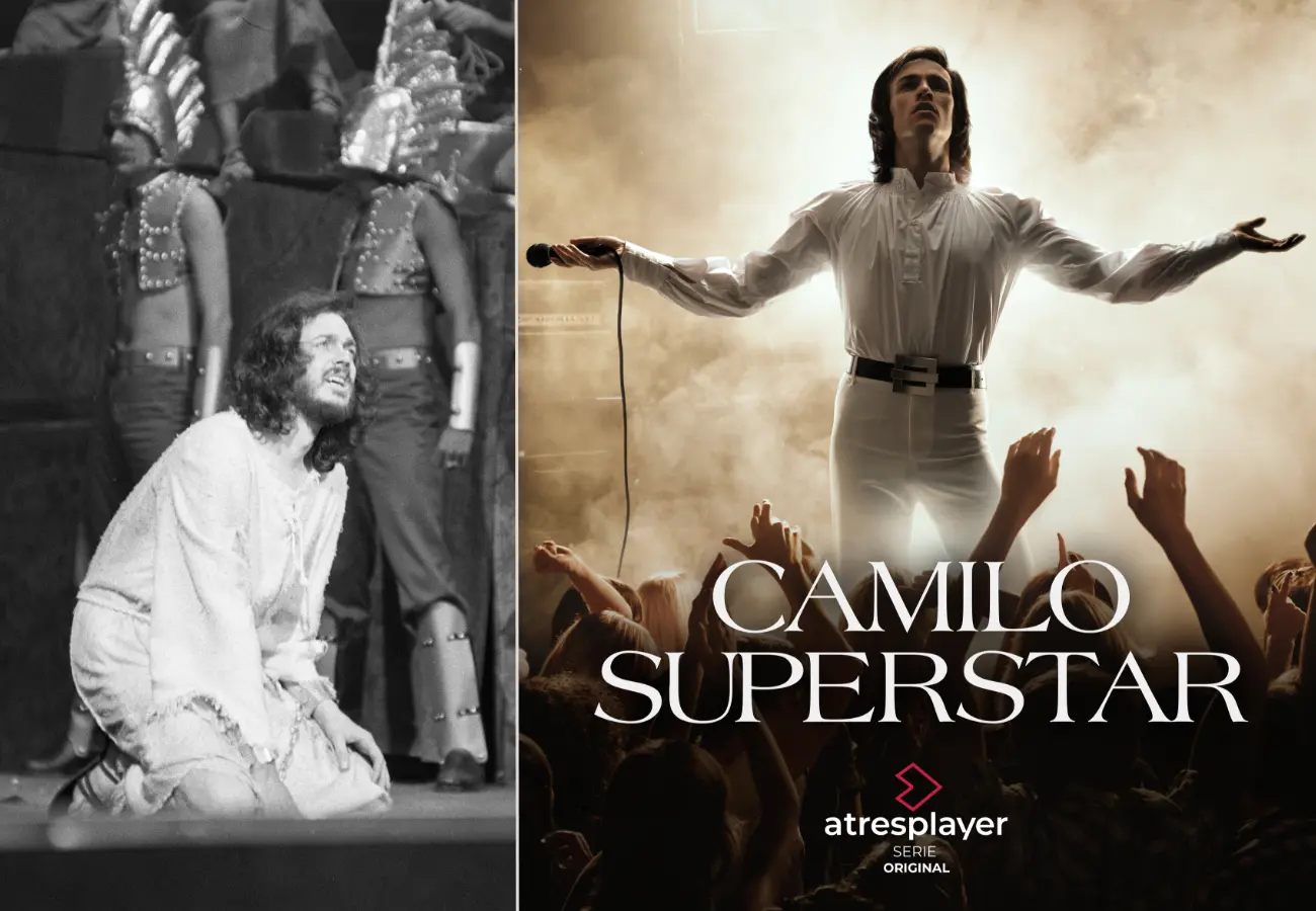 Camilo Sesto como protagonista de ‘Jesucristo Superstar’ en 1975. Al lado, carátula de la serie de Atresplayer, que recrea esa época del cantante alcoyano.