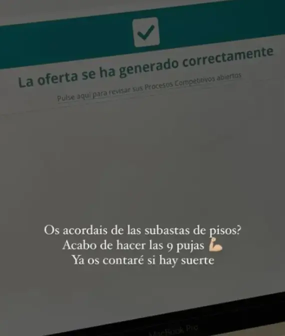 Sofía Suescun comparte un story en el que anuncia que ha hecho pujas en una subasta de piso.