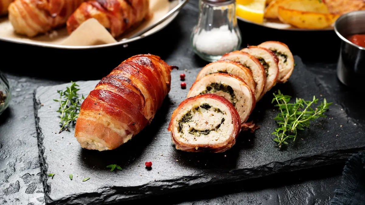 rollitos de pechuga de pollo con beicon rellenos de jamón y queso espinacas