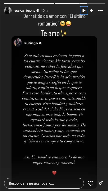 Luitingo se declara a Jessica Bueno con unos versos en una imagen de redes.