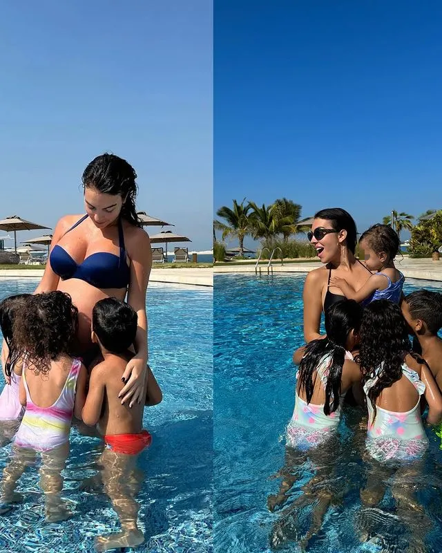 Georgina Rodríguez en un montaje en la piscina con sus hijos