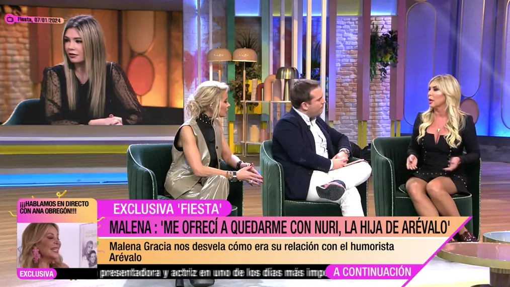 Malena Gracia en el plató de 'Fiesta' hablando sobre la hija de Arévalo