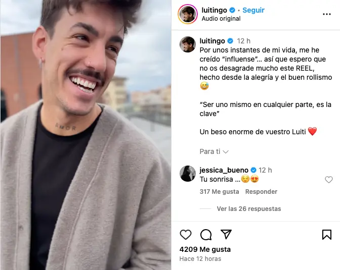 Luitingo en una publicación de redes con un comentario de Jessica Bueno