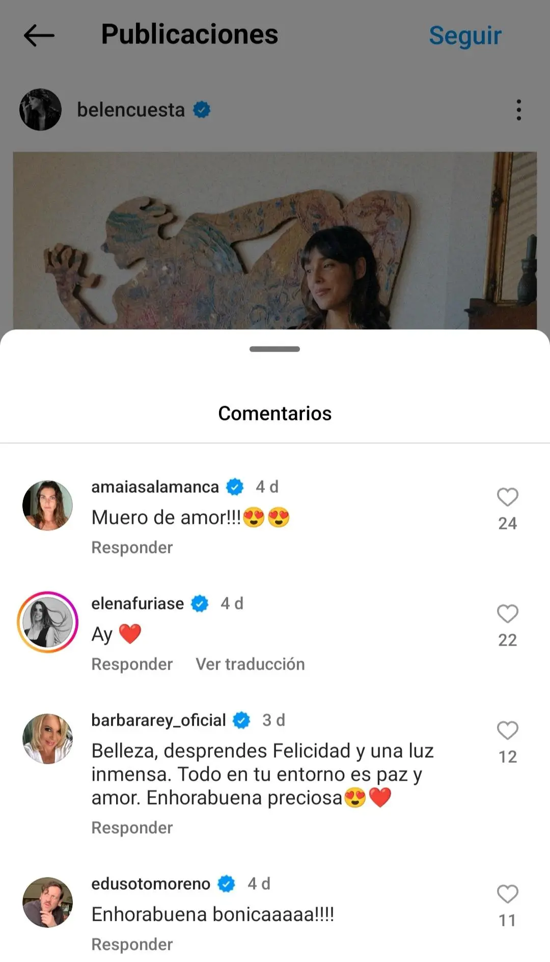 Famosos felicitan a Belén Cuesta en Instagram en la 1ª foto con su bebé