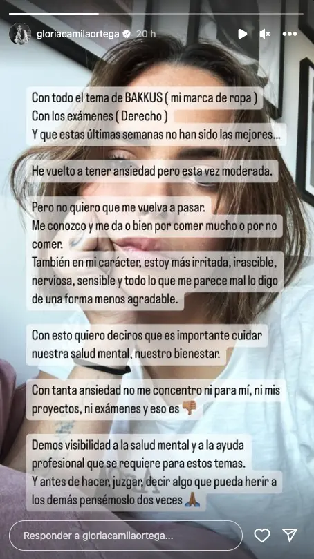 Gloria Camila comparte sus pensamientos en una historia de Instagram.