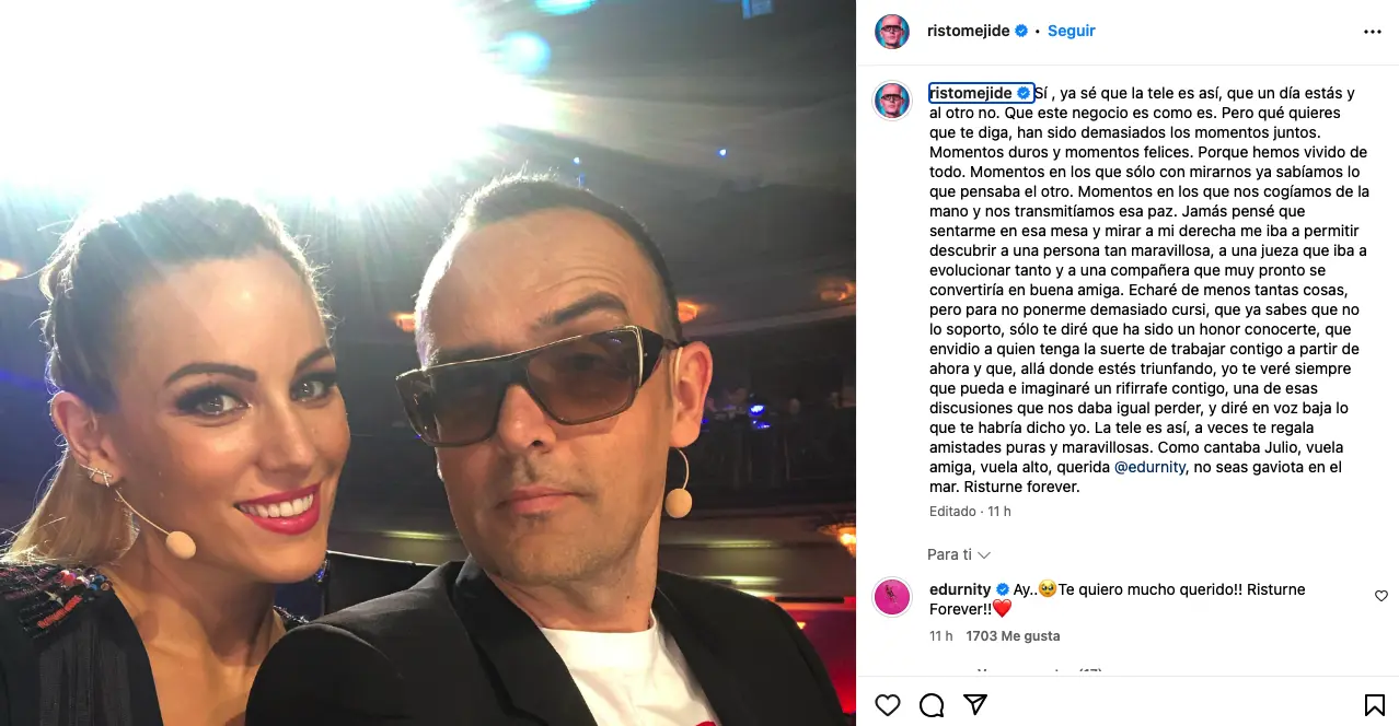 Risto Mejide escribe un mensaje a Edurne en redes tras dejar Got talent