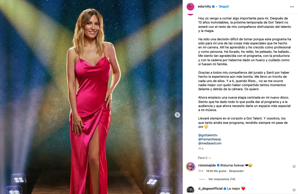 Comunicado de Edurne al dejar Got talent