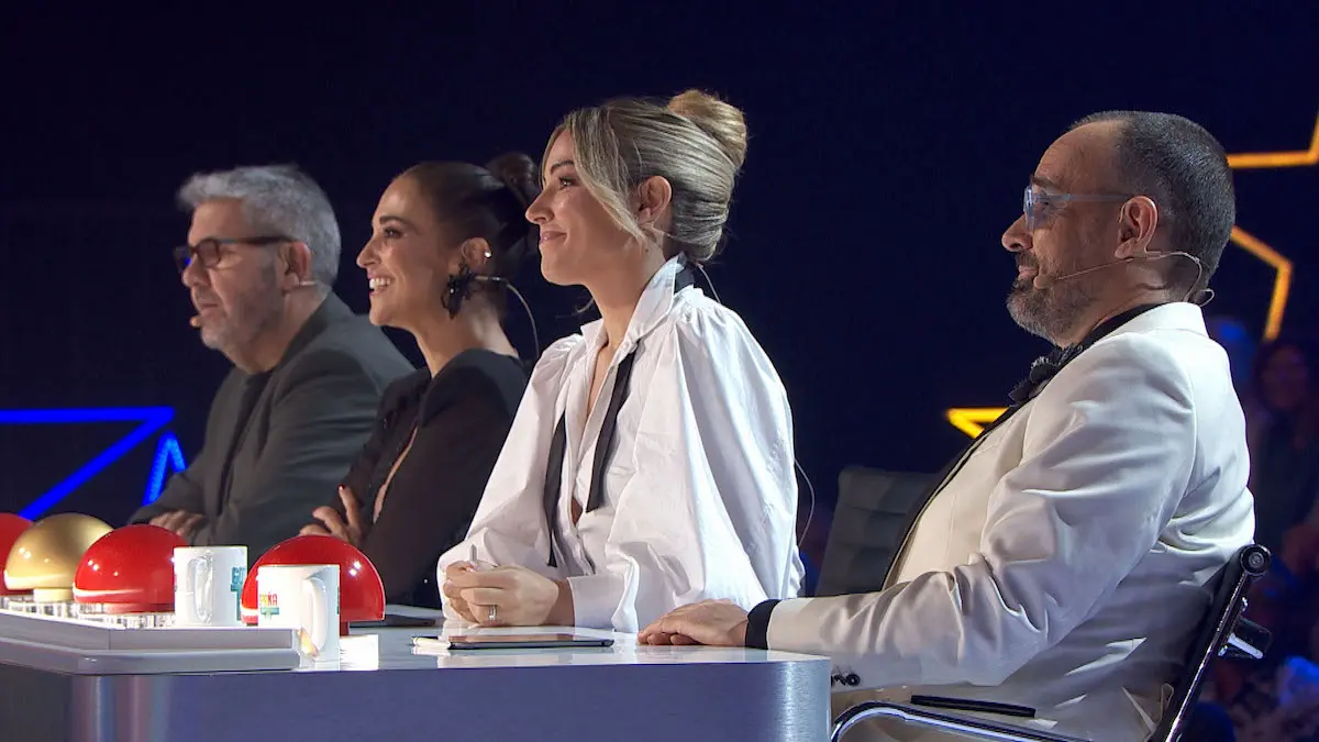 Florentino Fernández, Paula Echevarría, Edurne y Risto Mejide en el plató de Got talent