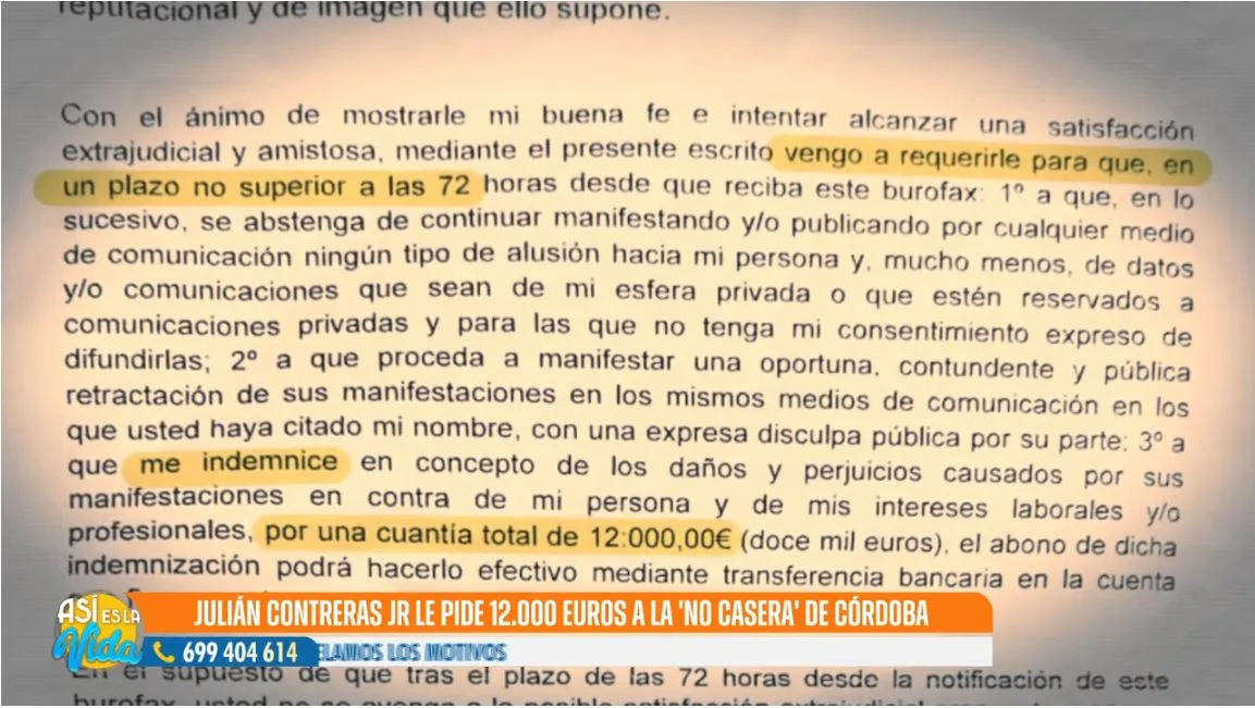 la carta con la que julian contreras pide 12.000 euros a una mujer
