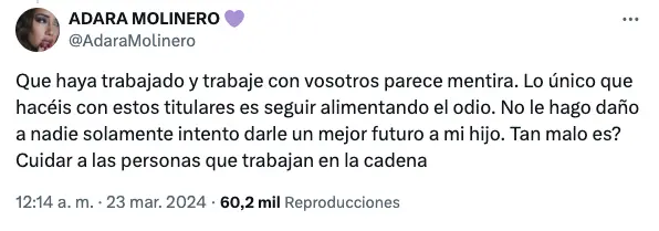 Tweet de Adara Molinero contra Telecinco.