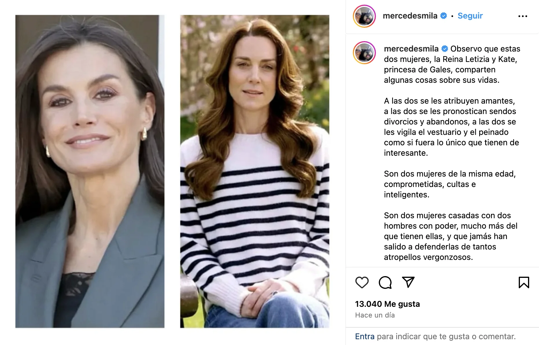 La publicación de Mercedes Milá sobre Letizia y Kate Middleton.