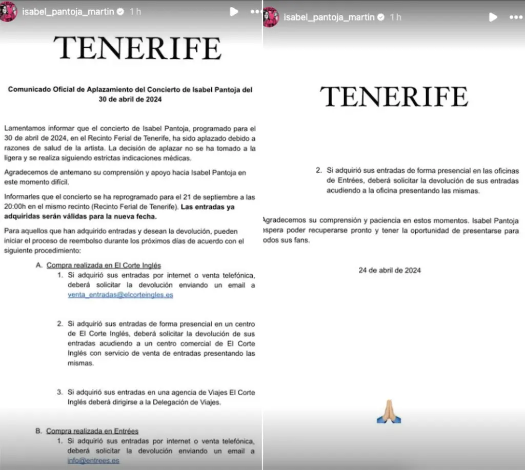 Comunicado de Isabel Pantoja sobre la cancelación del concierto de Tenerife.