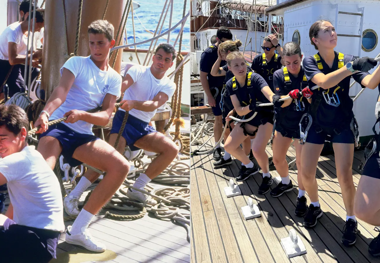 Felipe y Leonor portando la bandera española a bordo del Elcano
