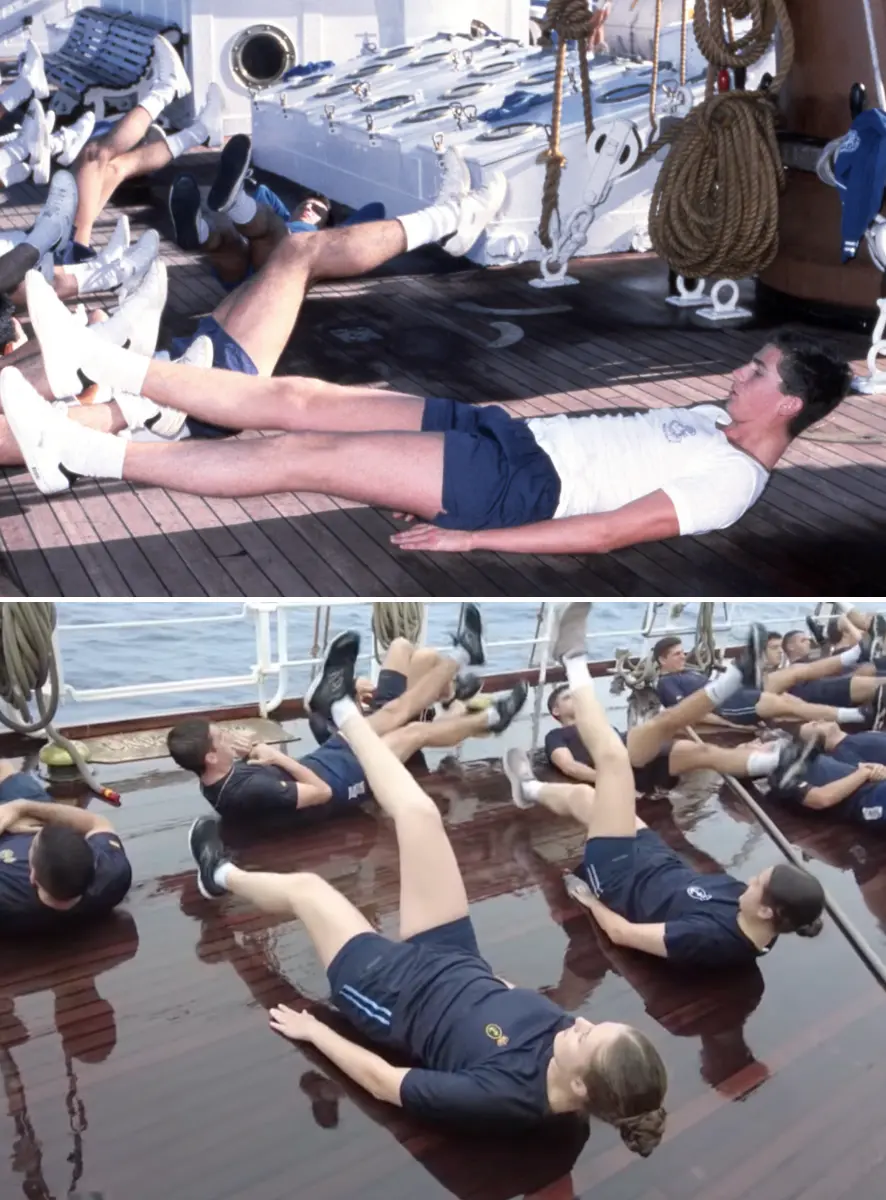 Felipe y Leonor entrenando en la cubierta del Juan Sebastián Elcano