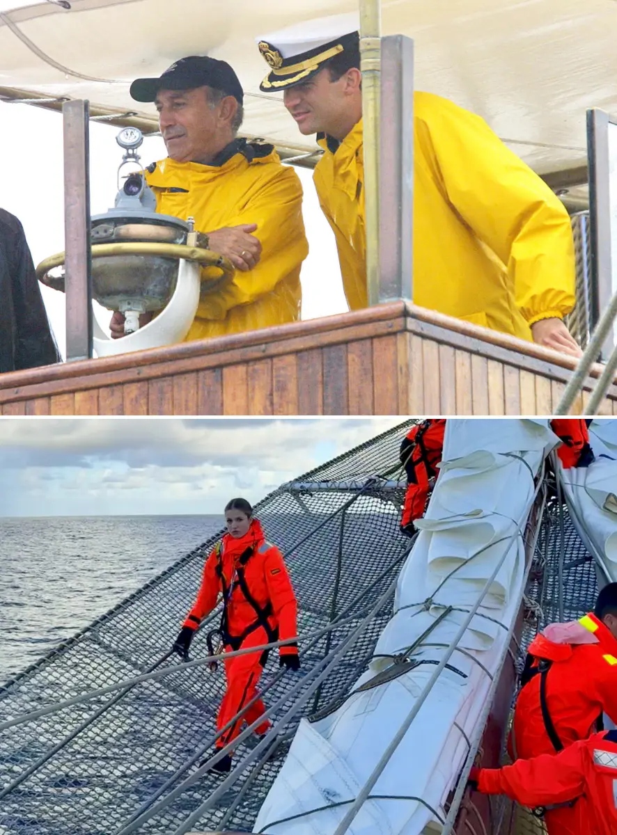 Felipe y Leonor cubiertos con abrigos a bordo del Juan Sebastián Elcano