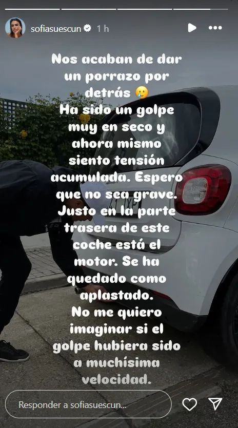 Sofía Suescun comparte en stories su tensión tras haber sufrido un accidente de tráfico