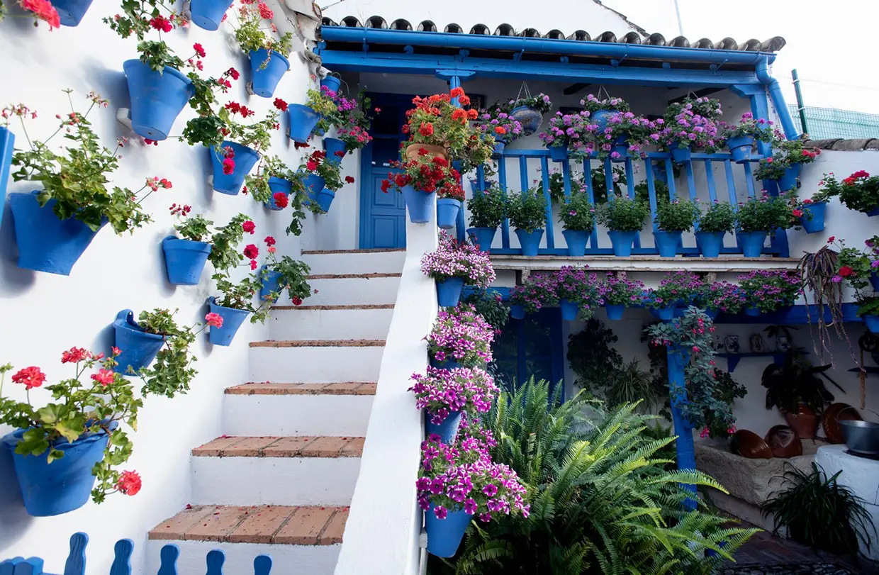 La escalera exterior de tramo recto de San Juan de Palomares, 11 es uno de los elementos tradicionales del patio cordobés. Bajo ella, un antiguo lavadero con una pila árabe y un viejo pozo con brocal de piedra.