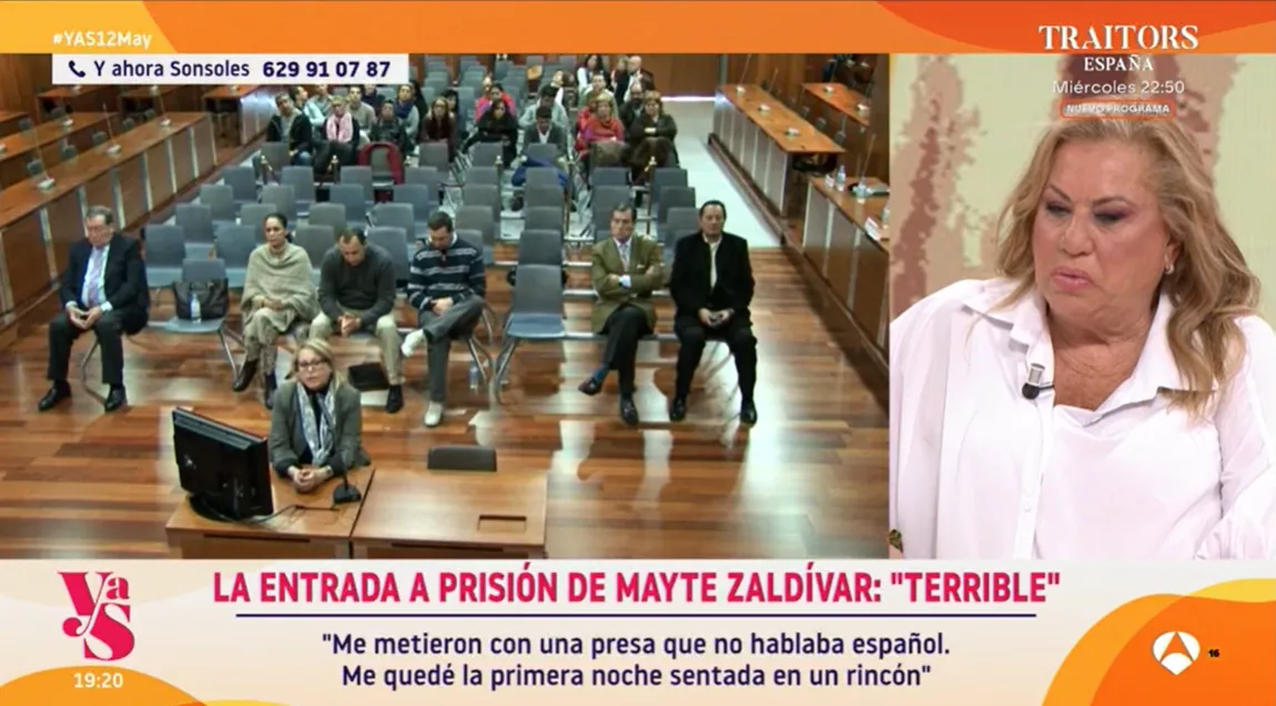 Mayte Zaldívar en pantalla partida en Y ahora Sonsoles con imágenes de su juicio por el caso Pantoja