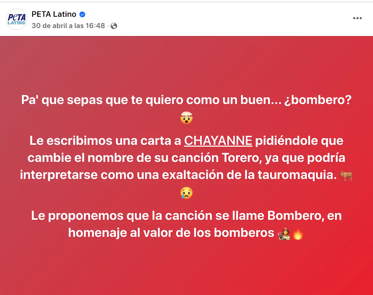 Petición de PETA a Chayanne
