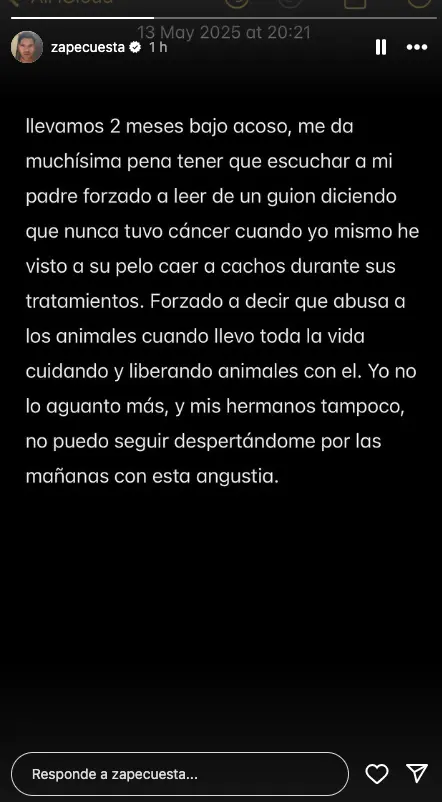 Zape, hijo de Frank Cuesta, defiende a su padre en un comunicado de Instagram