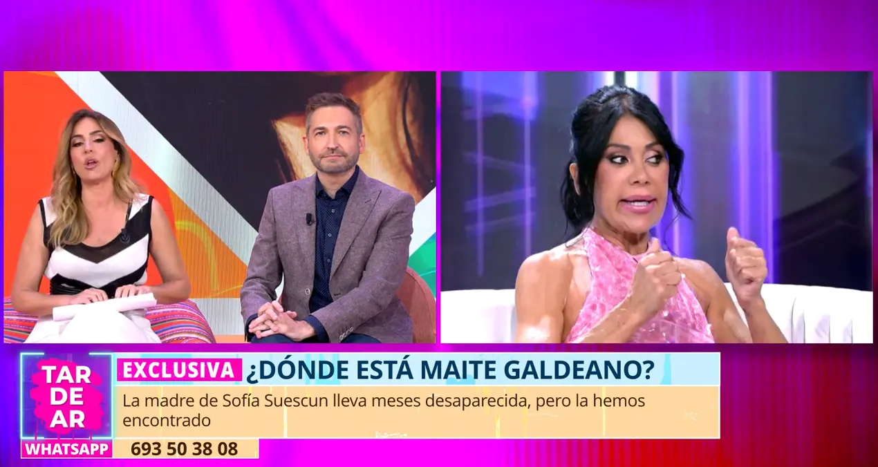 TardeAR habla de Maite Galdeano, que ponen en pantalla partida en una imagen de archivo de Telecinco