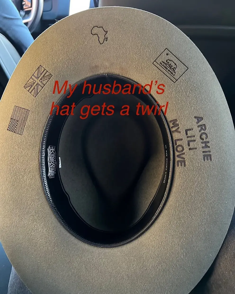 Harry's tuned hat, with the name of his recorded children.