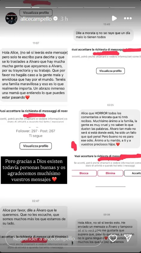 Alice Campello comparte mensajes de apoyo en redes tras las amenazas a Morata