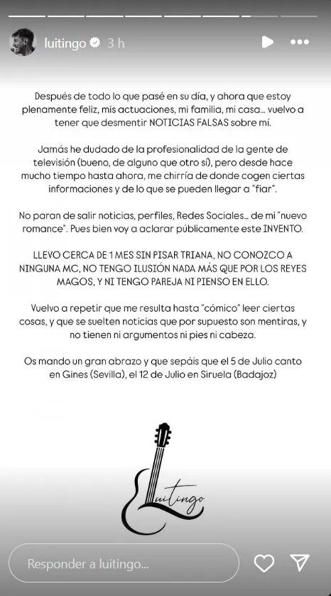 Comunicado de Luitingo en redes desmintiendo su romance con una chica de iniciales M.C.