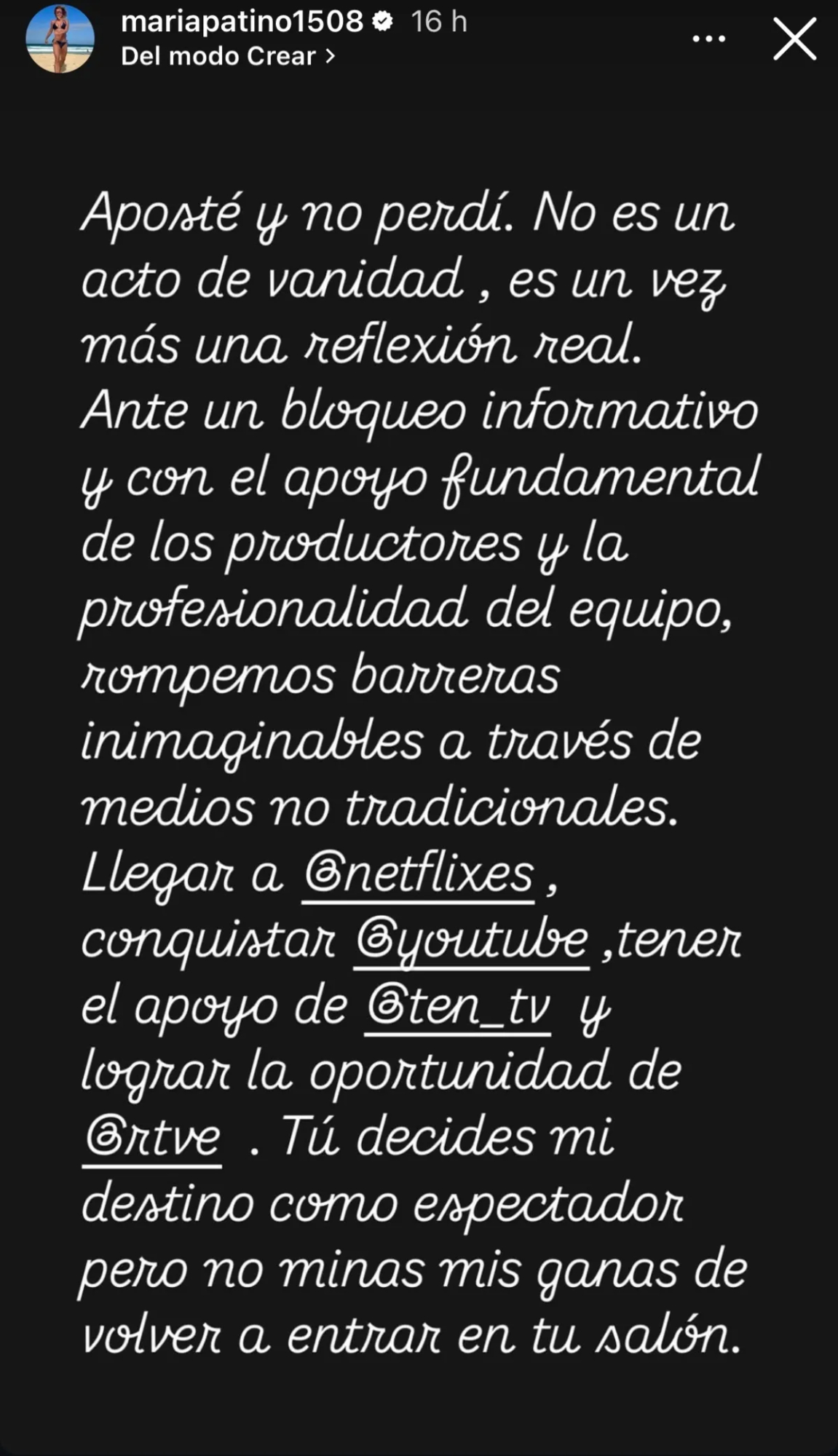 Comunicado de María Patiño en sus redes sociales