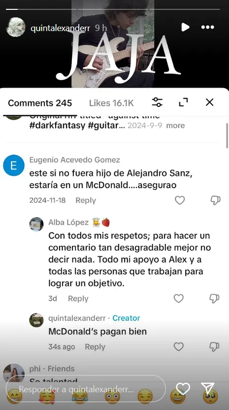 Alexander, el hijo de Alejandro Sanz, responde a sus haters a través de stories