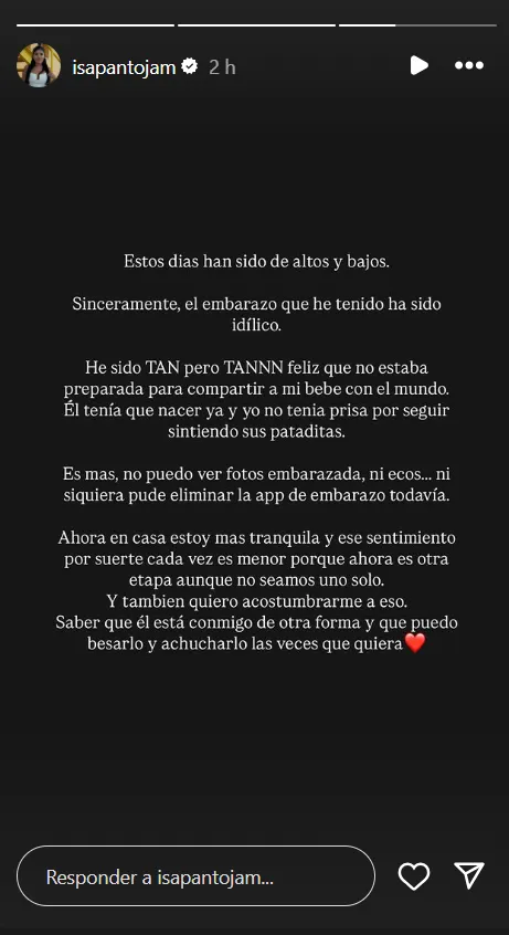 Isa Pantoja en un story hablando de sus sentimientos tras dar a luz a su segundo hijo