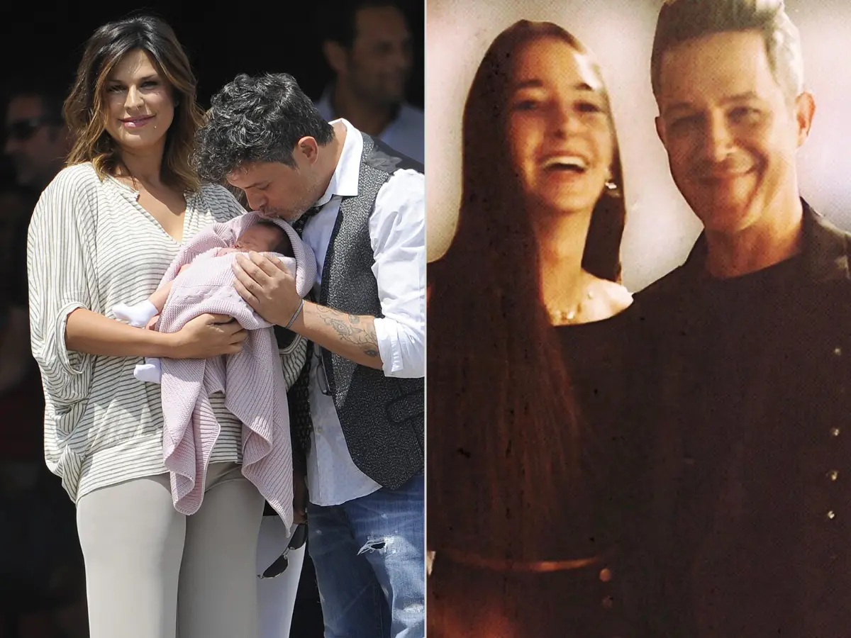 Raquel Perera y Alejandro Sanz con su hija Alma de bebé en brazos e Ivet Playà posando con Alejandro Sanz