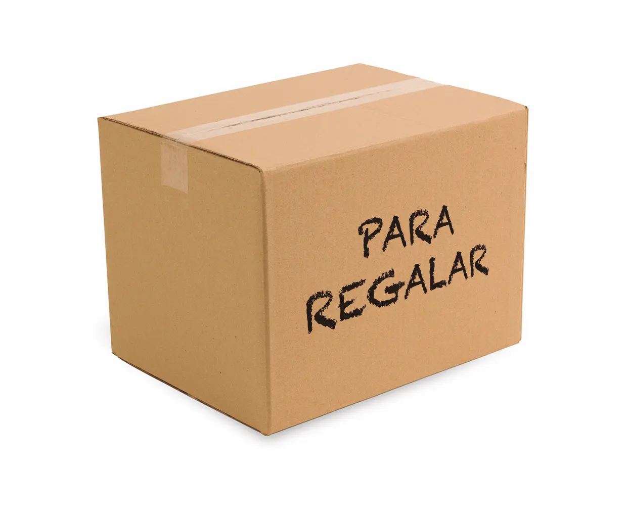 Caja de cartón cerrada y llena con cosas para regalar.