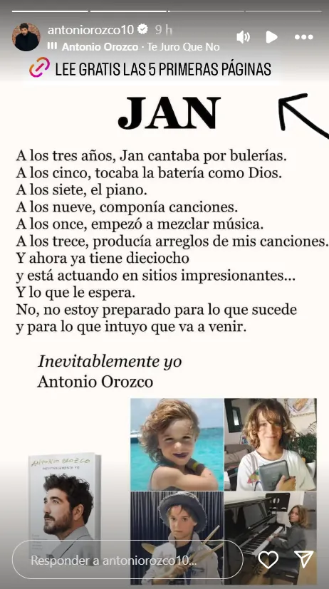 Antonio Orozco comparte en stories un capítulo de su libro dedicado a su hijo Jan