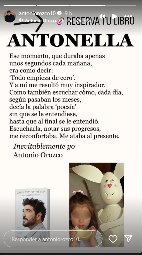 Antonio Orozco comparte en stories un capítulo de su libro dedicado a su hija Antonella